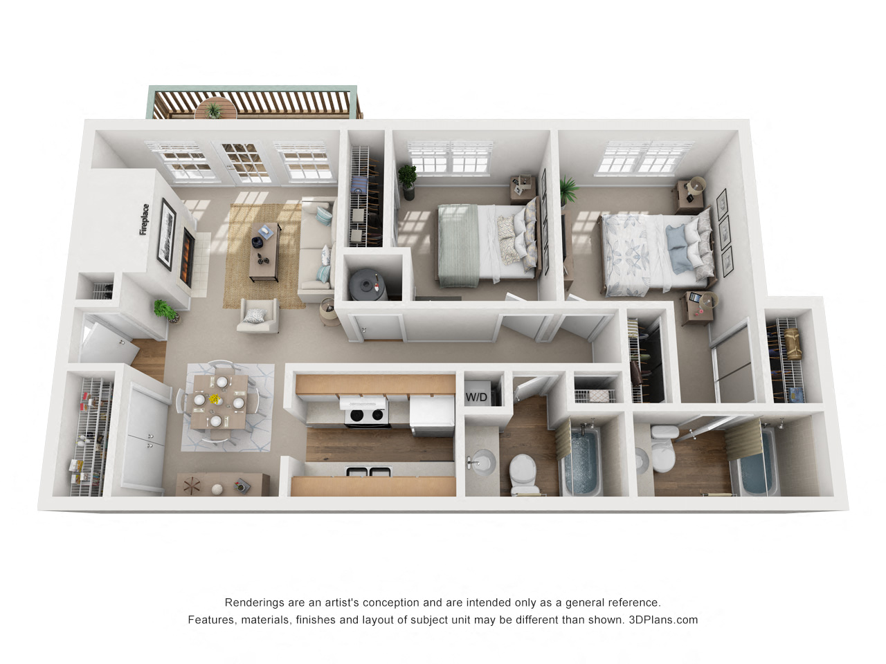 Floor plan for 2 beds, 2 baths, 986 sqft